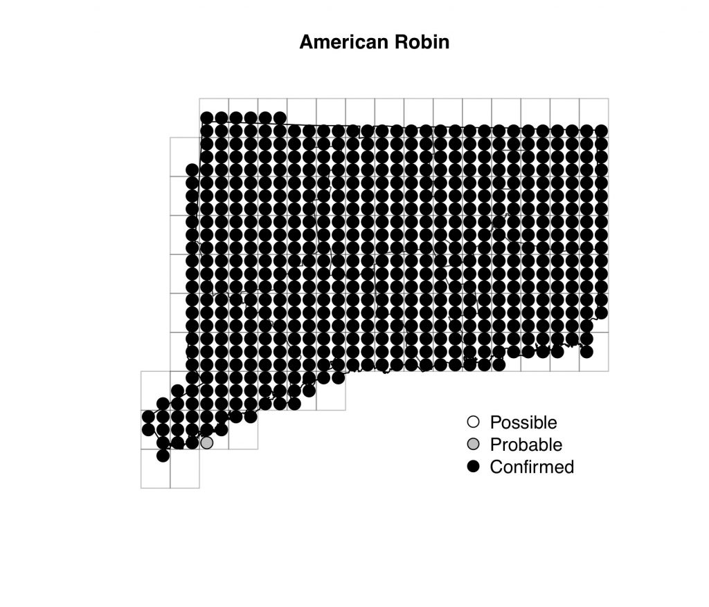 Maps of Connecticut showing breeding data for American Robin from atlas surveys in 1982-1986