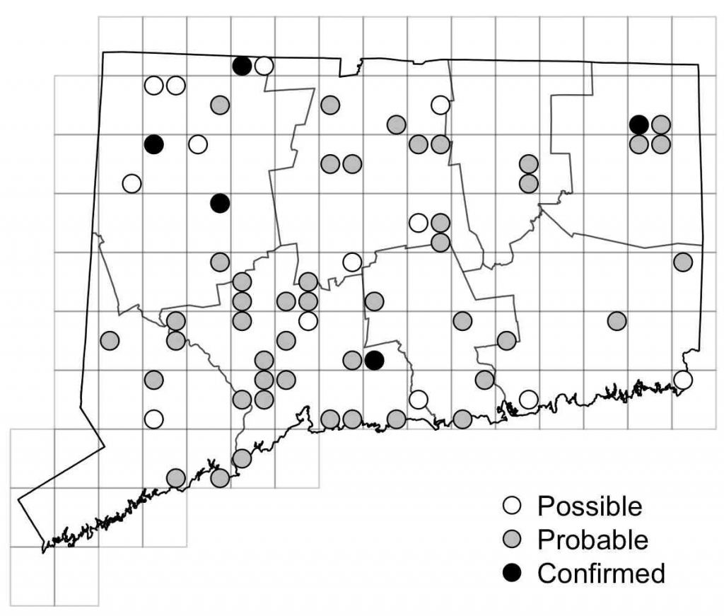 Maps of Connecticut showing all American Woodcock breeding records from 2018