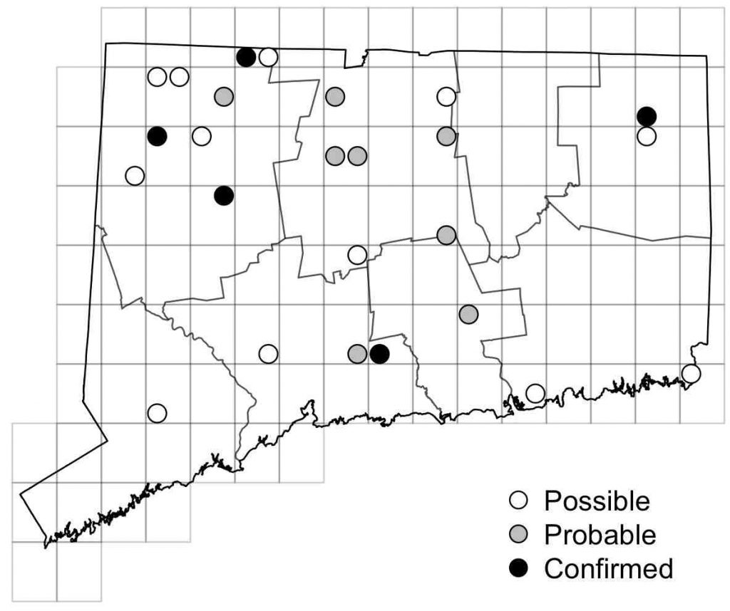 Maps of Connecticut showing safe American Woodcock breeding records from 2018