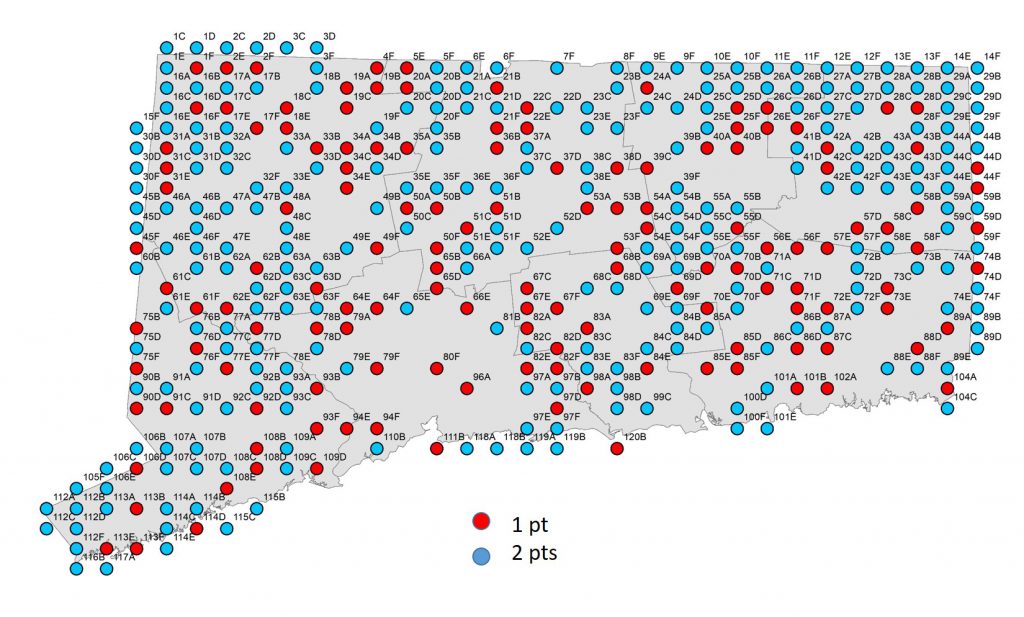 A map displaying atlas blocks that will count for the Big January competition, each being worth one or two points