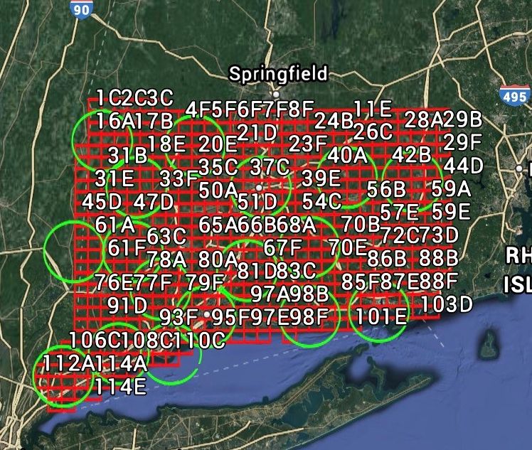 Map of Connecticut showing the Connecticut Christmas Bird Count circles and the corresponding atlas blocks