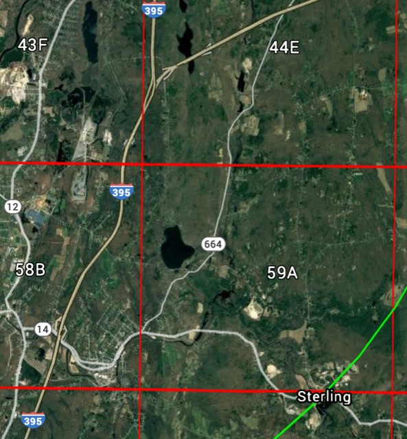 A map highlighting showing the boundaries of atlas block 59A and the adjacent Christmas Bird Count circle