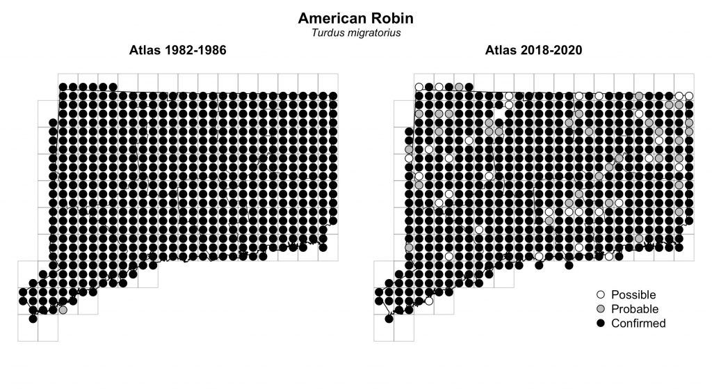 Maps of Connecticut showing a comparison of breeding data for American Robin from atlas surveys in 1982-1986 and 2018-2020