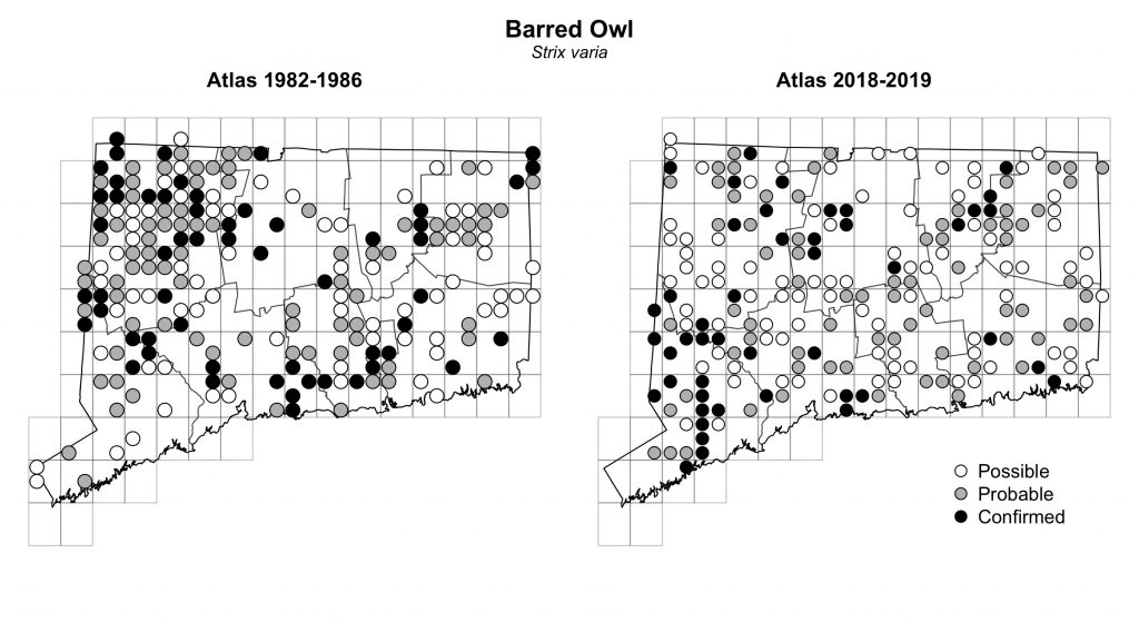 Maps of Connecticut showing a comparison of breeding data for Barred Owl from atlas surveys in 1982-1986 and 2018-2019