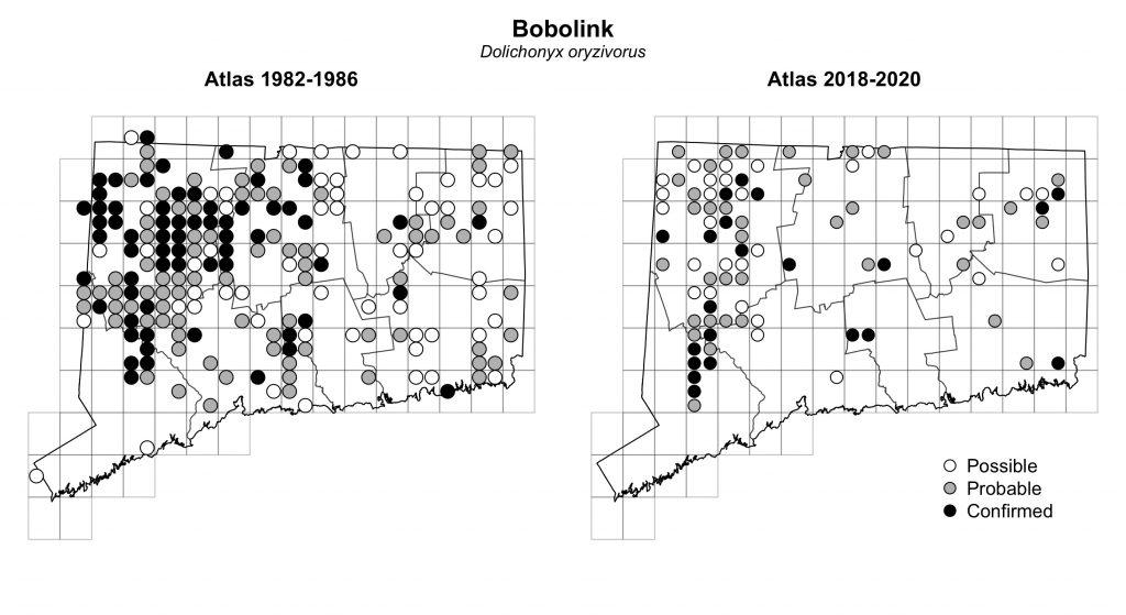 Maps of Connecticut showing a comparison of breeding data for Bobolink from atlas surveys in 1982-1986 and 2018-2020