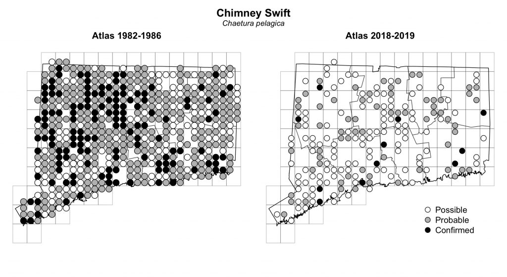 Maps of Connecticut showing a comparison of breeding data for Chimney Swift from atlas surveys in 1982-1986 and 2018-2019