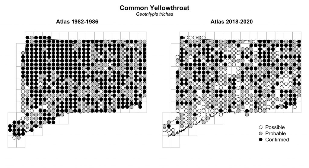 Maps of Connecticut showing a comparison of breeding data for Common Yellowthroat from atlas surveys in 1982-1986 and 2018-2020