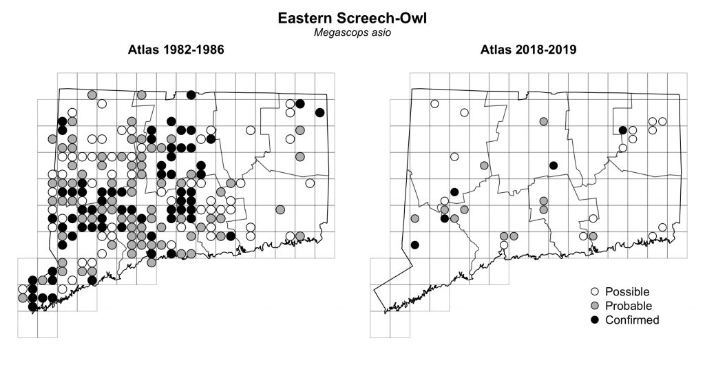 Maps of Connecticut showing a comparison of breeding data for Eastern Screech-Owl from atlas surveys in 1982-1986 and 2018-2019