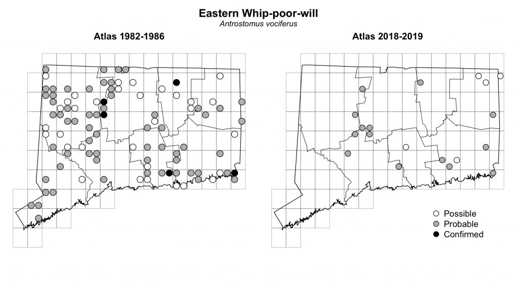 Maps of Connecticut showing a comparison of breeding data for Eastern Whip-poor-will from atlas surveys in 1982-1986 and 2018-2019