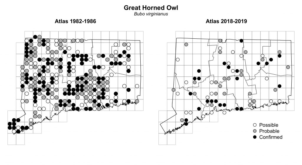 Maps of Connecticut showing a comparison of breeding data for Great-horned Owl from atlas surveys in 1982-1986 and 2018-2019