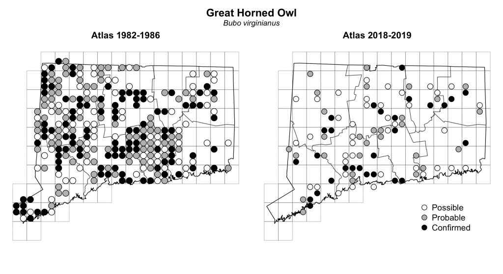 Maps of Connecticut showing a comparison of breeding data for Great Horned Owl from atlas surveys in 1982-1986 and 2018-2019