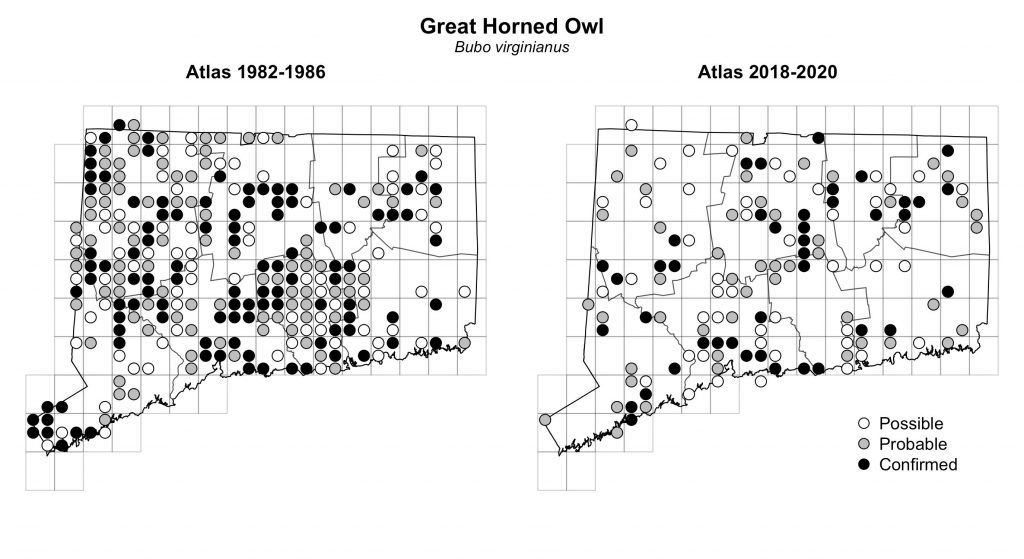 Maps of Connecticut showing a comparison of breeding data for Great Horned Owl from atlas surveys in 1982-1986 and 2018-2020