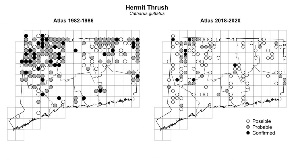 Maps of Connecticut showing a comparison of breeding data for Hermit Thrush from atlas surveys in 1982-1986 and 2018-2020