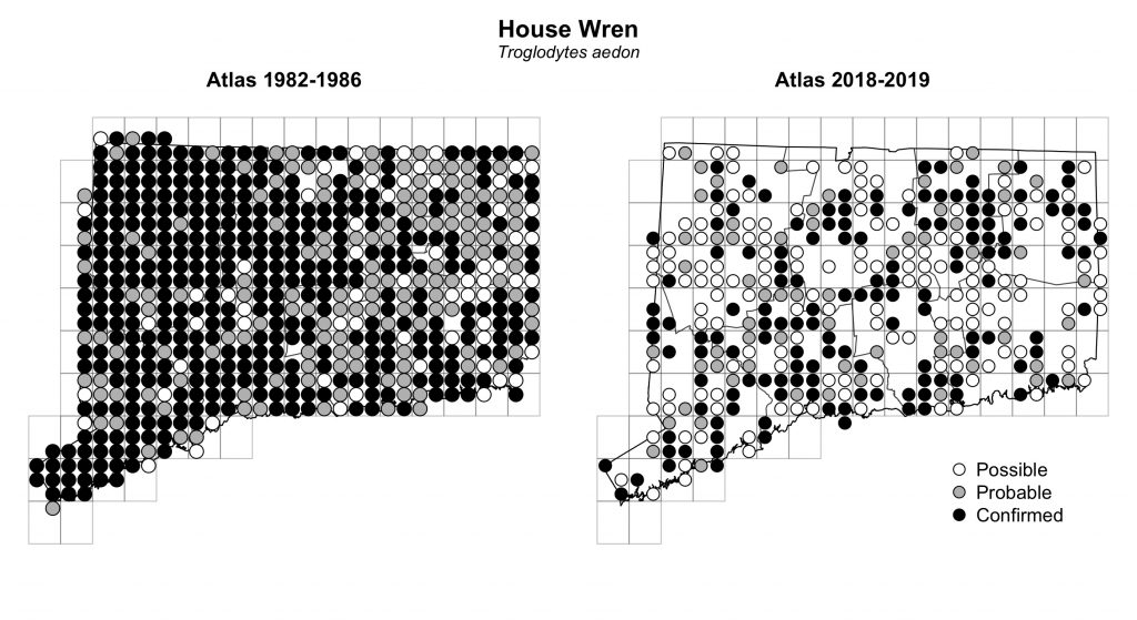 Maps of Connecticut showing a comparison of breeding data for House Wren from atlas surveys in 1982-1986 and 2018-2019