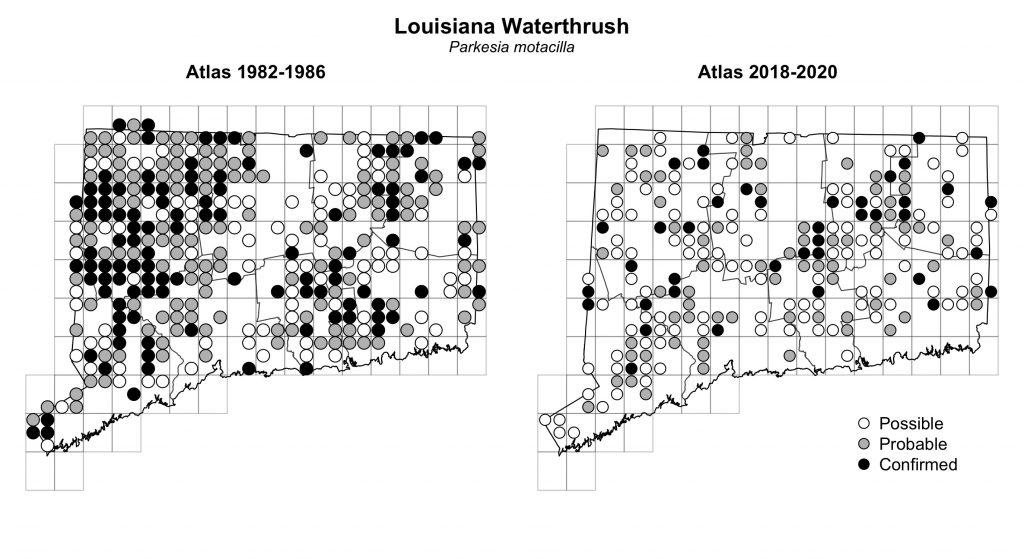 Maps of Connecticut showing a comparison of breeding data for Louisiana Waterthrush from atlas surveys in 1982-1986 and 2018-2020