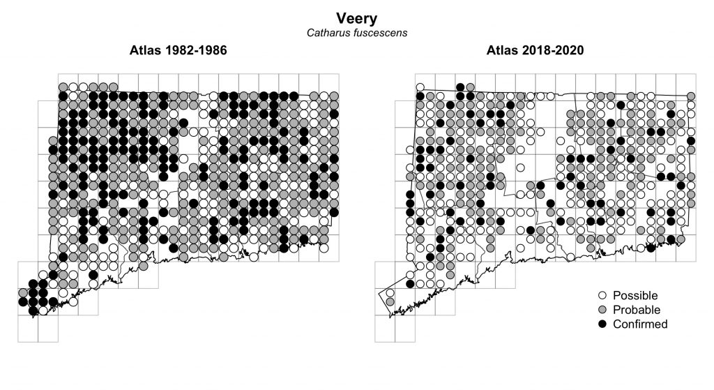 Maps of Connecticut showing a comparison of breeding data for Veery from atlas surveys in 1982-1986 and 2018-2020