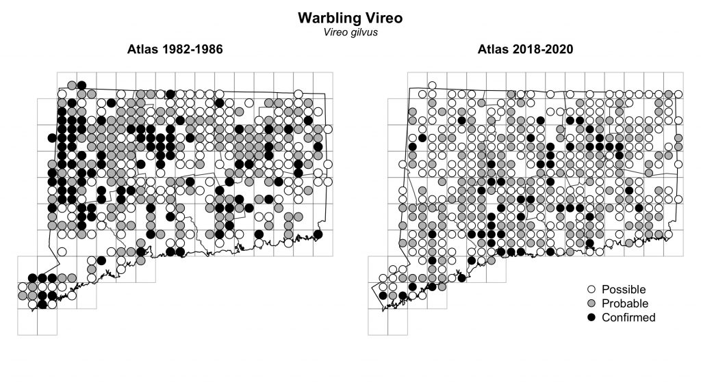 Maps of Connecticut showing a comparison of breeding data for Warbling Vireo from atlas surveys in 1982-1986 and 2018-2020