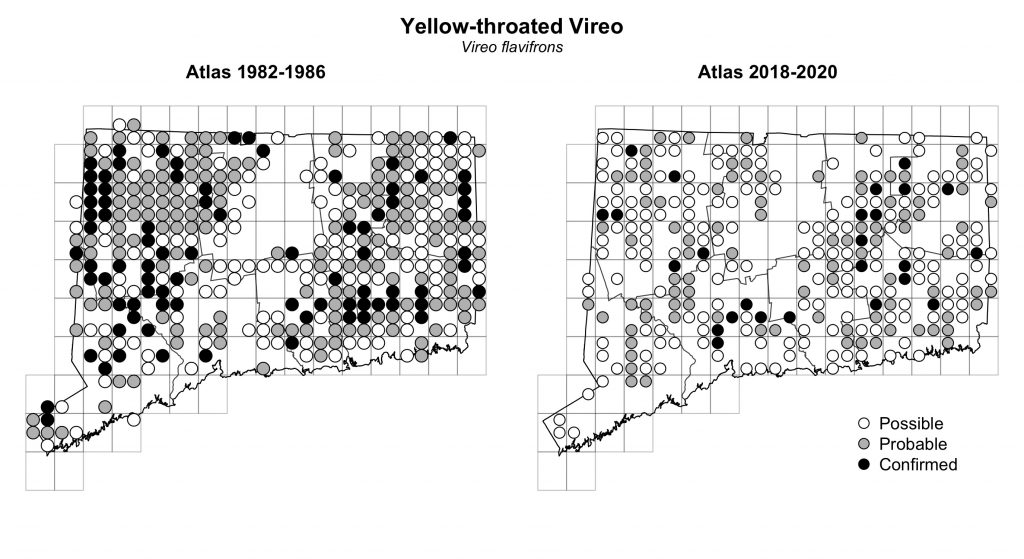 Maps of Connecticut showing a comparison of breeding data for Yellow-throated Vireo from atlas surveys in 1982-1986 and 2018-2020