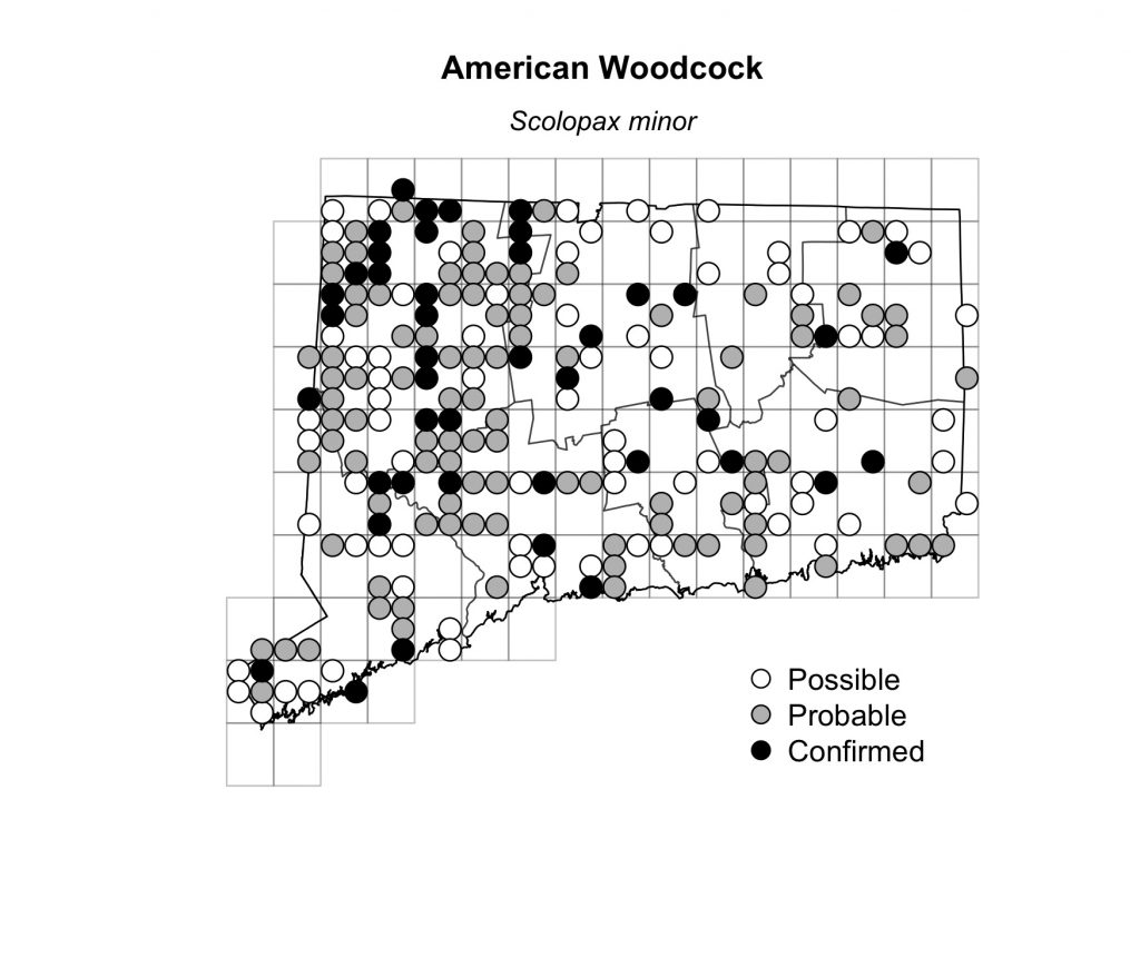 A map of Connecticut showing American Woodcock breeding activity in 1982-1986