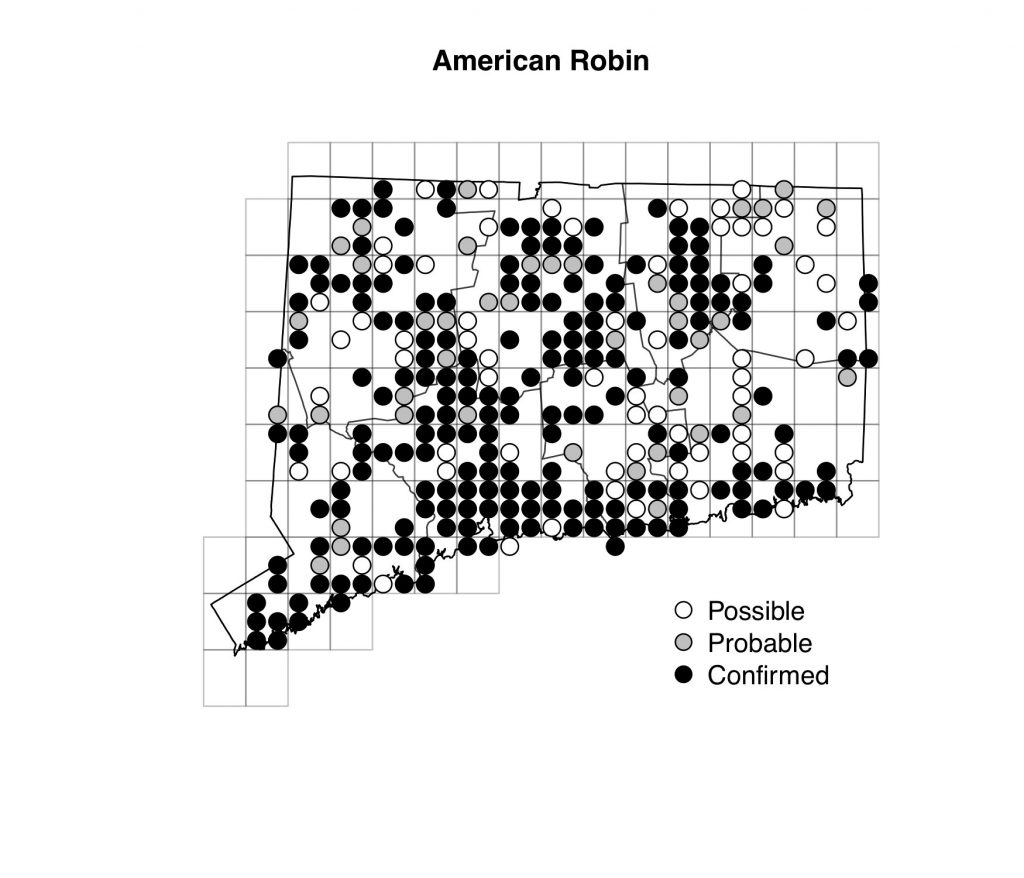 Maps of Connecticut showing breeding data for American Robin from atlas surveys in 2018