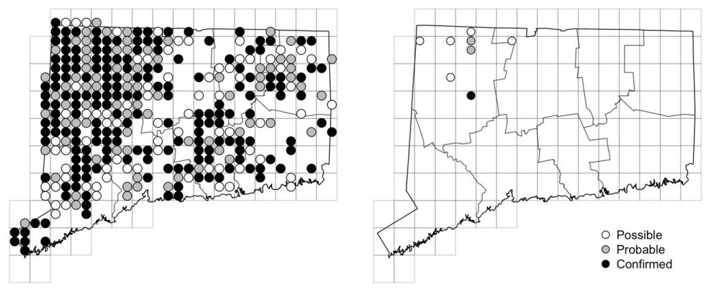 Maps of Connecticut showing a comparison of breeding data for Ruffed Grouse from atlas surveys in 1982-1986 and 2018