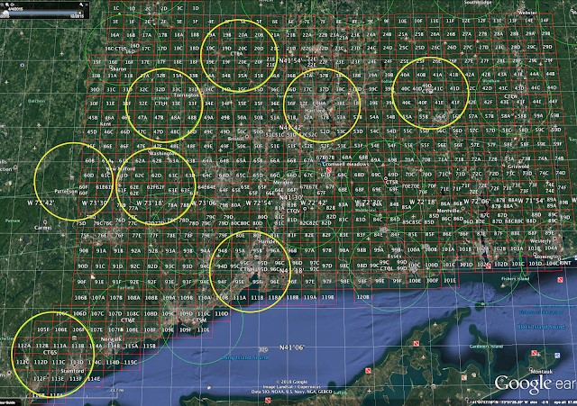 A map of Connecticut showing the overlap between Summer Bird Count circles and atlas blocks