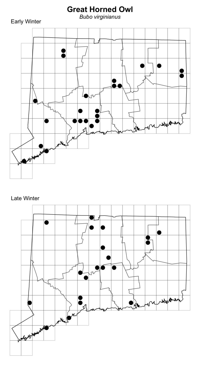 Maps of Connecticut showing Great-horned Owl detection in winter 2018-2019