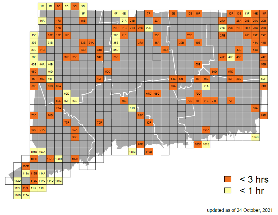 Map of Connecticut displaying target blocks for early winter surveys as of October 24, 2021