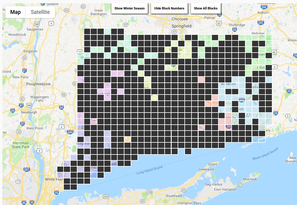 Map of Connecticut showing number of atlas blocks with surveyors as of July 2019