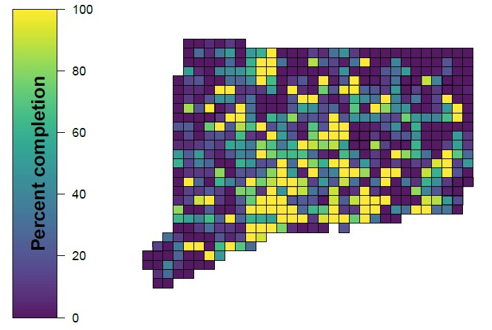 Map of Connecticut showing atlas blocks by percent completion for early winter surveys as of January 2020