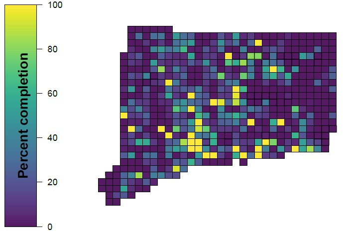 Map of Connecticut showing atlas blocks by percent completion for late winter surveys as of January 2020