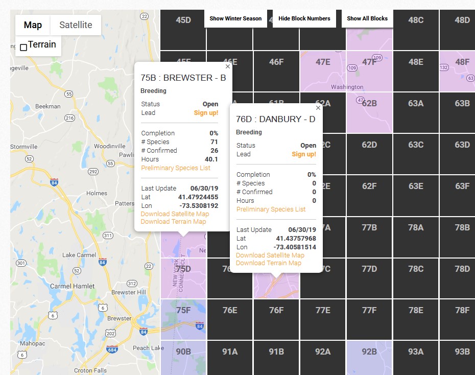 An image of the interactive atlas map showing two blocks that required surveys