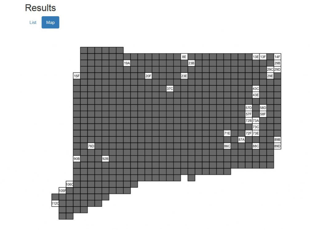 Map of Connecticut showing priority blocks for atlas surveys