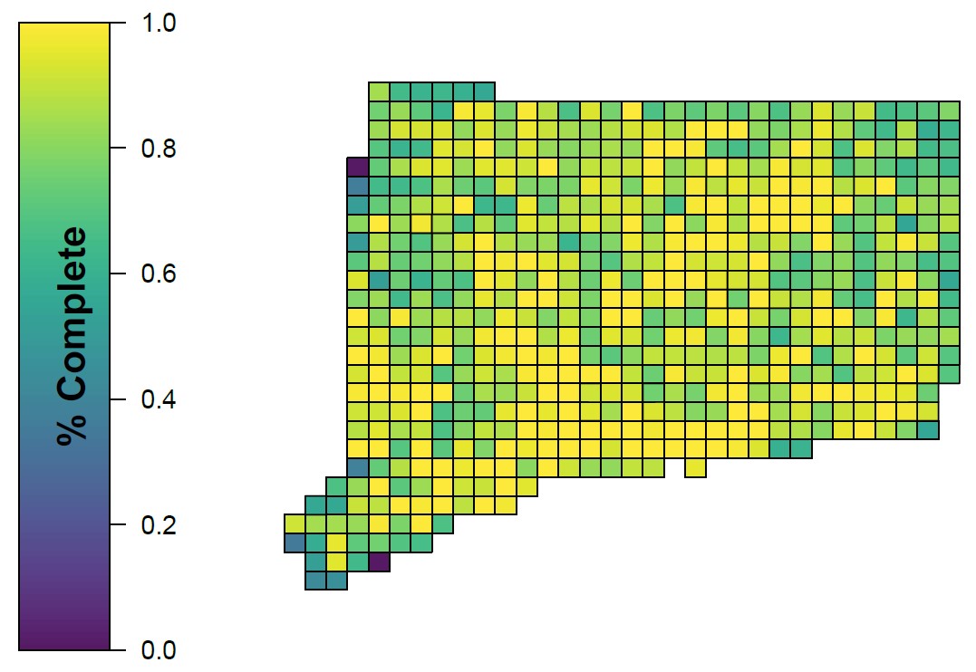 Map of Connecticut showing percent completion for breeding surveys by blocks as of July 22, 2021