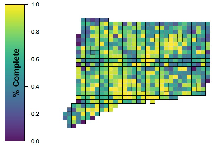 A map of Connecticut displaying atlas blocks by percent completion as of June 2020