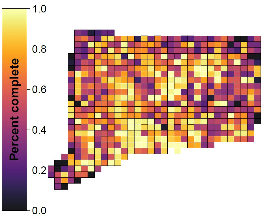 Map of Connecticut showing atlas blocks by percent completion for breeding surveys as of December 2019