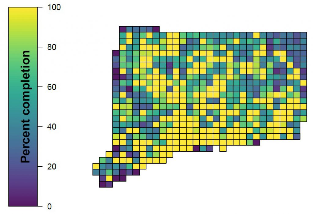 Map of Connecticut showing percent completion for early winter atlas surveys by map block as of December 14, 2021