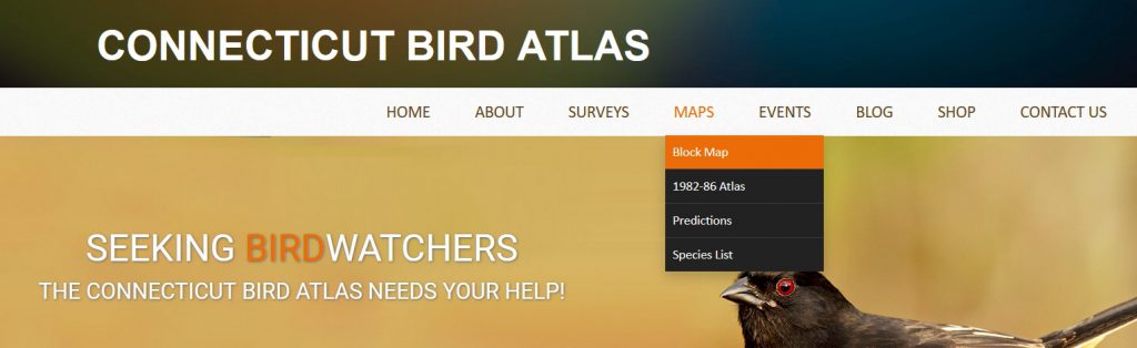 An image of the previous Connecticut Bird Atlas website showing how to access the block map