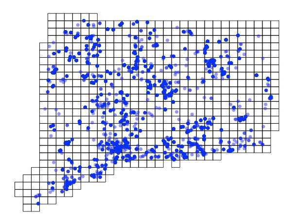 A map of checklists submitted to the breeding bird atlas in CT, May 2018