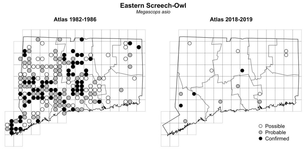 Maps of Connecticut showing a comparison of breeding data for Eastern Screech-Owl from atlas surveys in 1982-1986 and 2018-2019