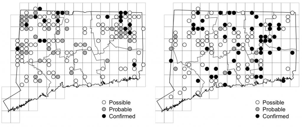 Maps of Connecticut showing a comparison of breeding data for Great Blue Heron from atlas surveys in 1982-1986 and 2018