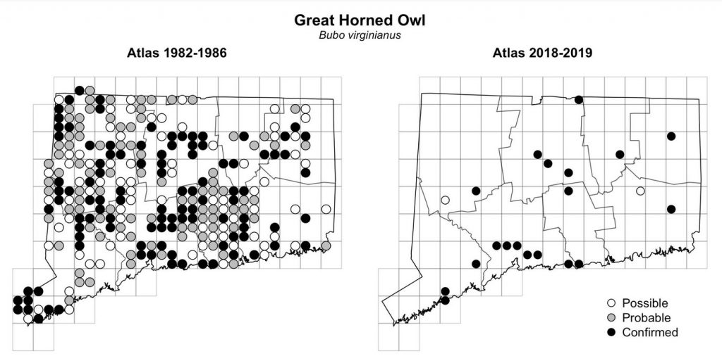 Maps of Connecticut showing a comparison of breeding data for Great Horned Owl from atlas surveys in 1982-1986 and 2018-2019