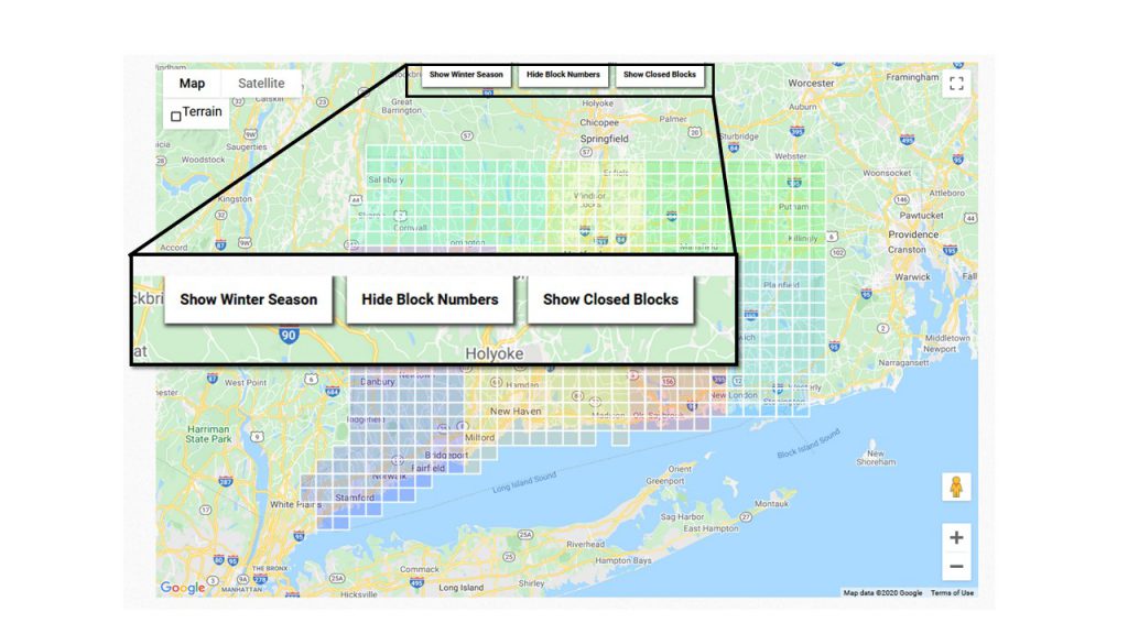 An image of the previous interactive atlas block map, which displayed data about the progress of breeding and winter surveys