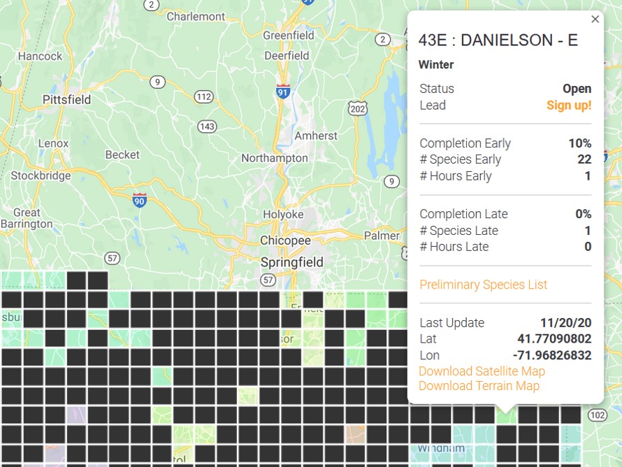 An image of the previous interactive atlas block map, which displayed data about the progress of breeding and winter surveys, showing information about one block, 43E (Danielson, CT)