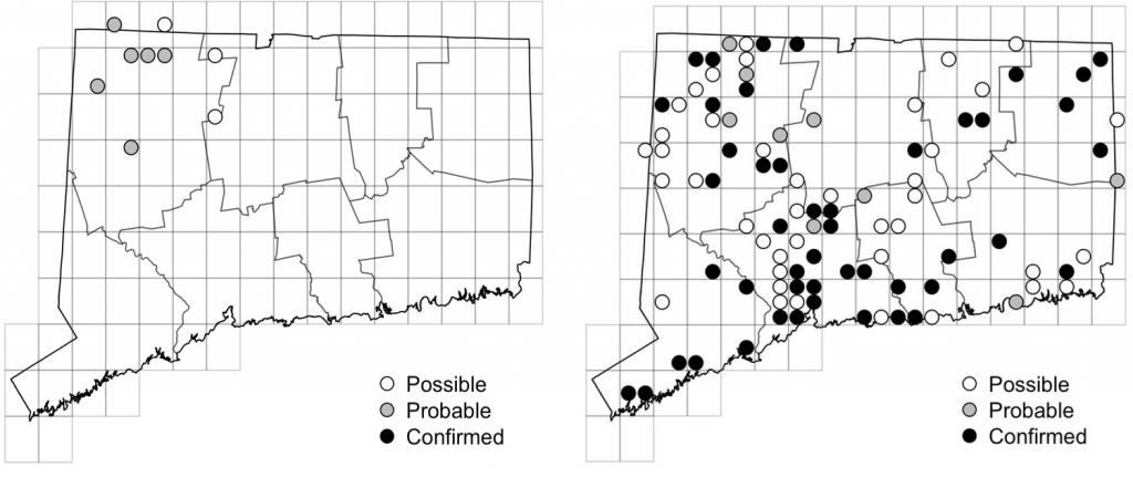 Maps of Connecticut showing a comparison of breeding data for Common Raven from atlas surveys in 1982-1986 and 2018