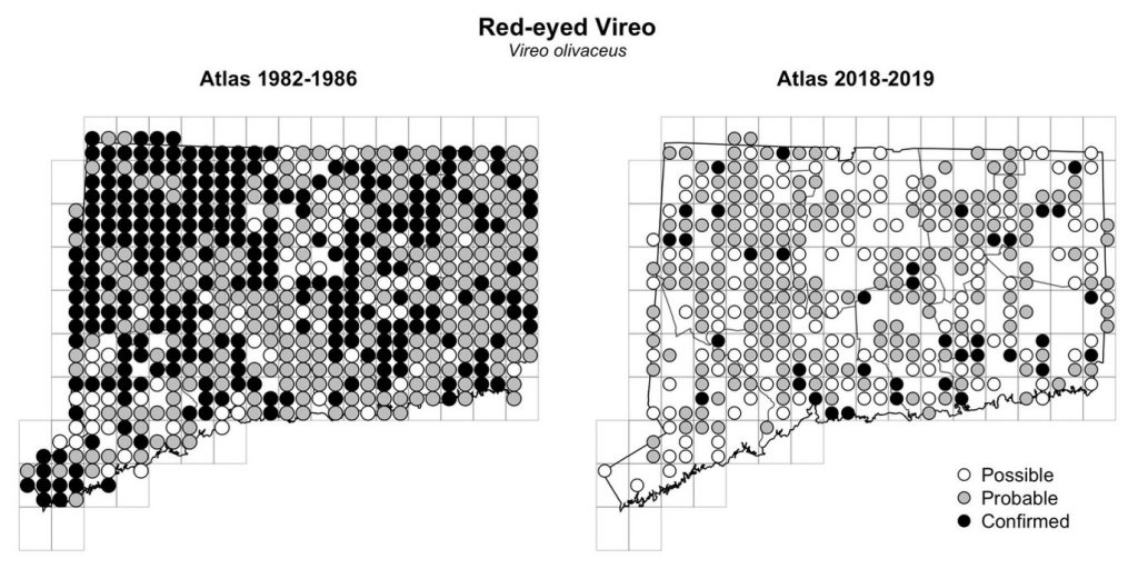 Maps of Connecticut showing a comparison of breeding data for Red-eyed Vireo from atlas surveys in 1982-1986 and 2018-2019