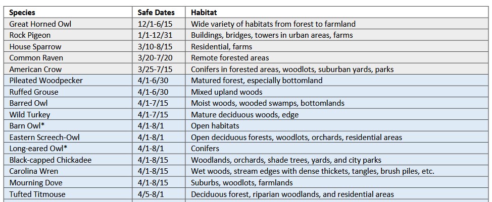 A list of safe dates for Connecticut breeding bird species