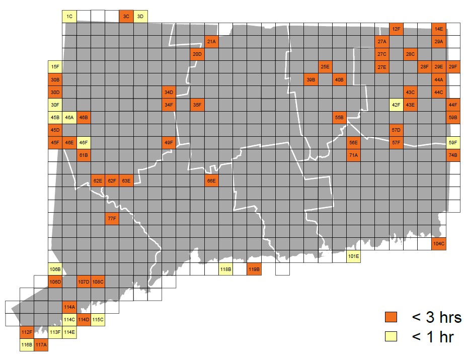 Map of Connecticut displaying target blocks for winter surveys as of December 14, 2021
