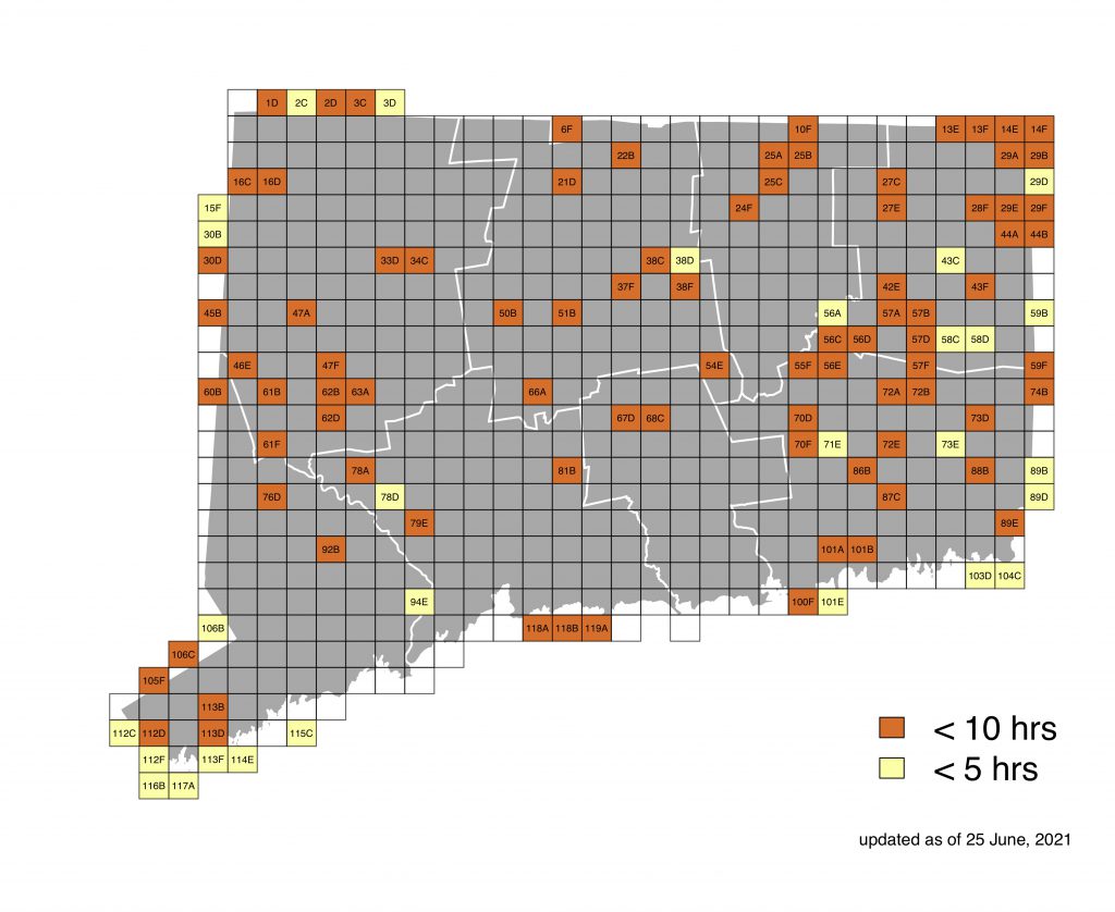 Map of Connecticut displaying target blocks for breeding surveys by the hours surveyed as of June 25, 2021