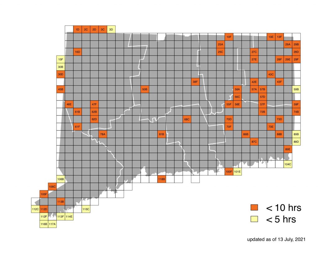 Map of Connecticut displaying target blocks for breeding surveys by the hours surveyed as of July 13, 2021